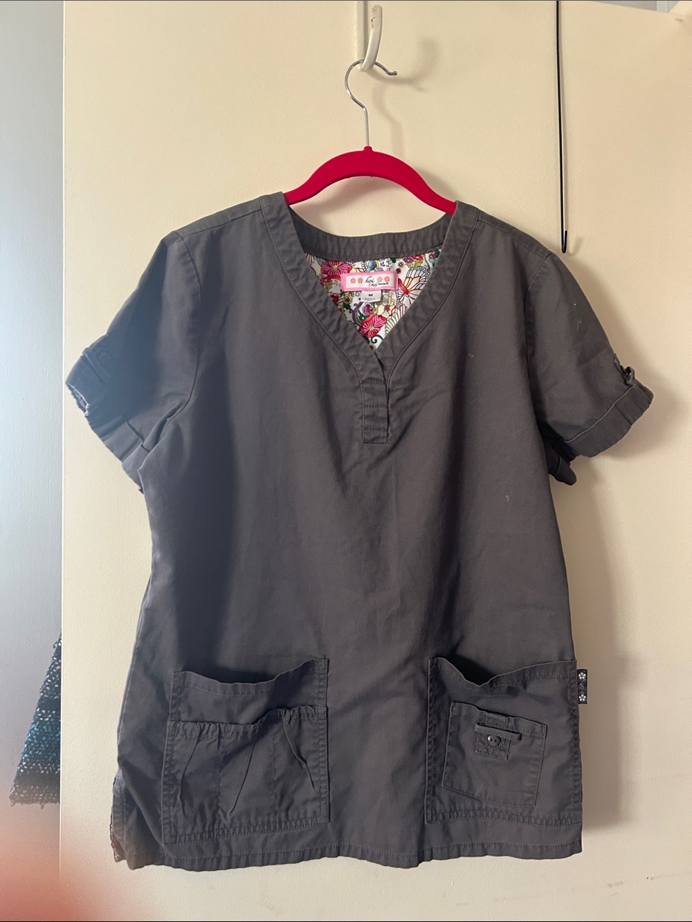 Koi Floral-Lined Dark Gray Scrub Top